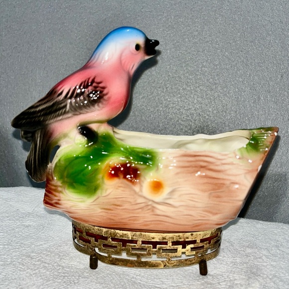 ♥️Vintage California Pottery Songbird on a log Ceramic Planter #209 MCM - Picture 2 of 7